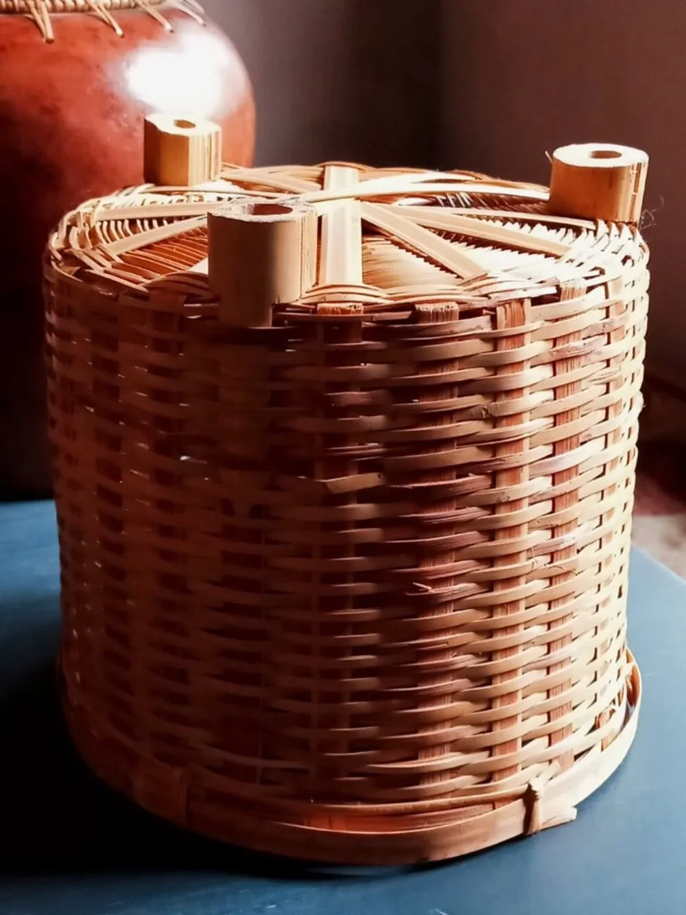 Vintage Mid-Century Footed Rattan Basket Planter-Petite 7x6 Boho Cachepot Nice!